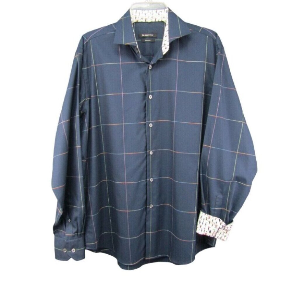 Bugatchi Navy Blue Rainbow Check Button Up Shirt Sz M Classic Fit Umbrella Cuff